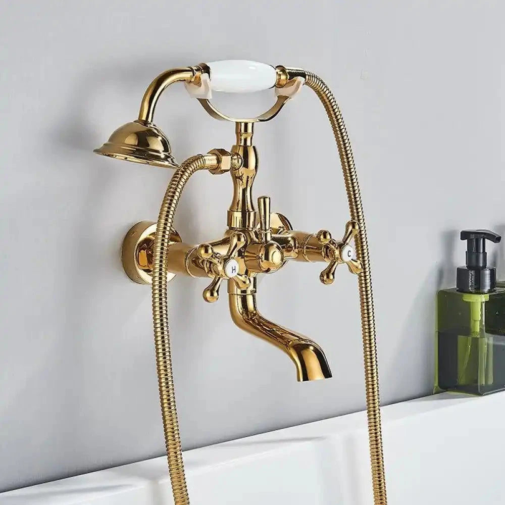 Misturador De Parede Para Banheira Duplocomando Inglês Brazina misturador de parede banheira duplo comando Artificio Lar Ouro Polido C/ Porcelana Entrega De 7 Á 12 Dias 