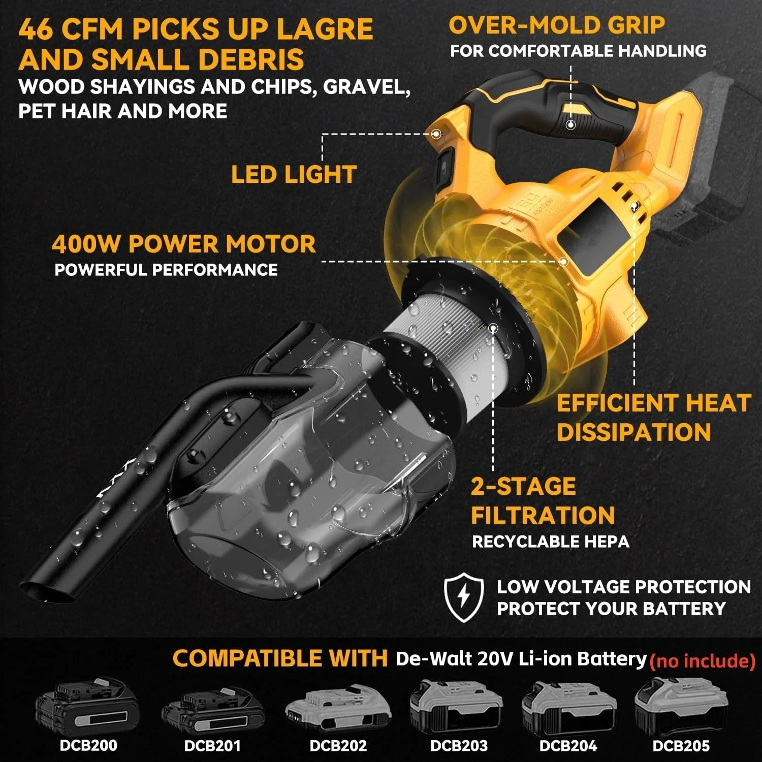 Portable Cordless Vacuum 400W Dry 5 in 1 Handheld Electric Vacuum Cleaner for Floor Carpet Car，For DeWalt 20V Battery Artificio Lar 