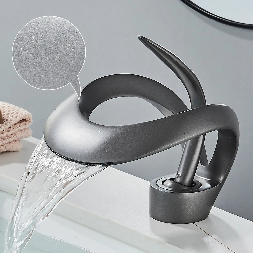 Solid Brass Waterfall Basin Faucet Single Handle Hot Cold Water Mixer Tap For Bathroom Sink Artificio Lar Matte Grey 