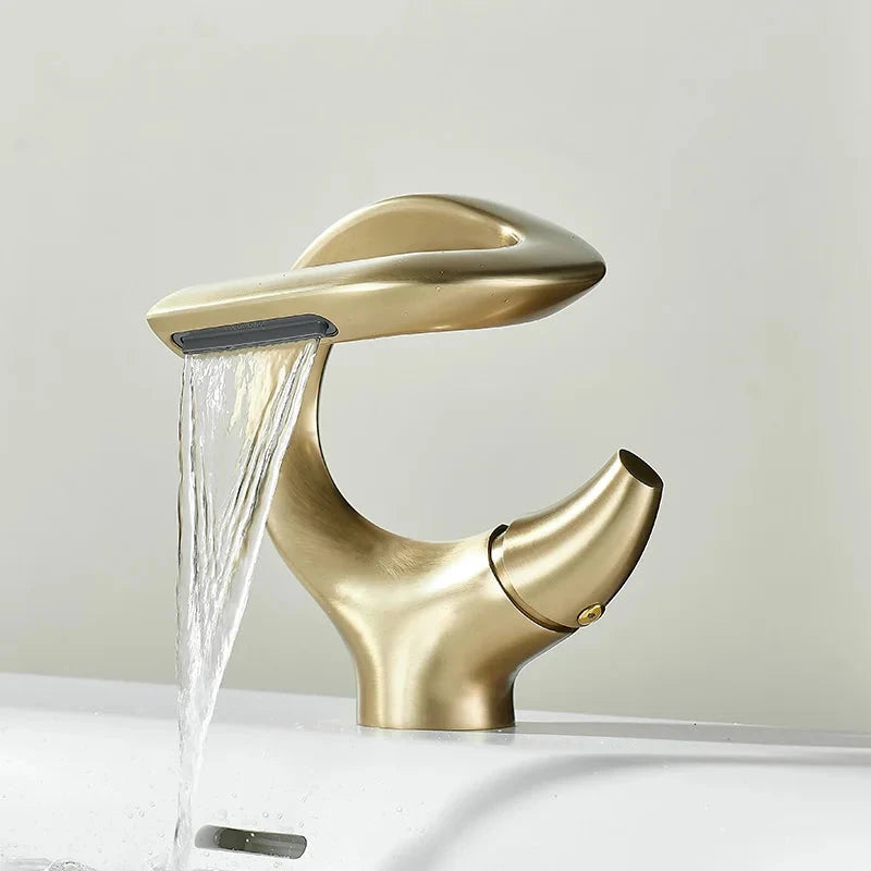TOLM Basin faucet brass waterfall bathroom basin hot and cold mixer faucet single handle crane chrome mixer faucet Artificio Lar Brushed Gold 