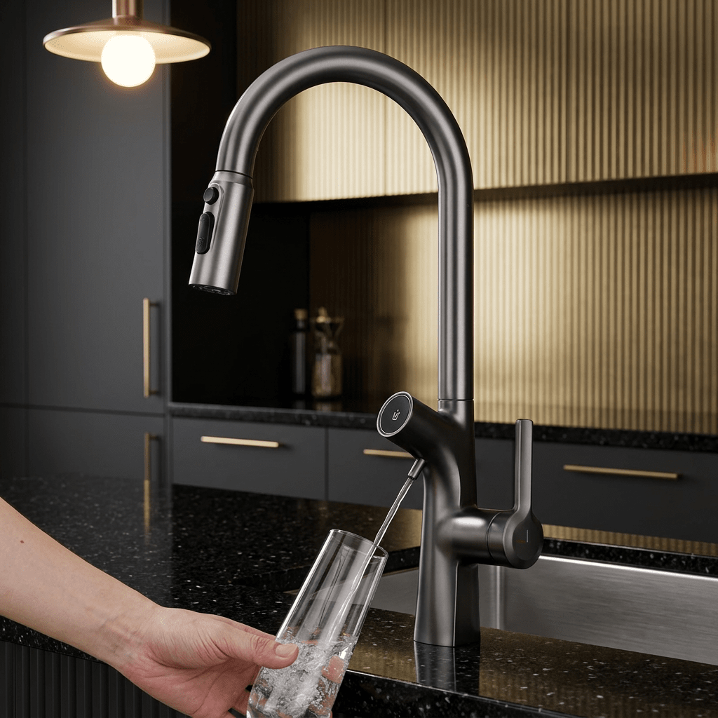 Torneira Gourmet AquaPura Dourada Kitchen Hutches Artificio Lar 