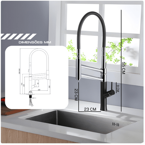 Torneira Gourmet Cozinha Monocomando Premium Luxo Dupla Funcionalidade extensível Rower Artificio Lar 