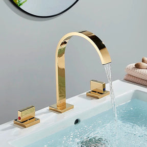 Torneira Moderna Duplo Comando Katos Lavatório 3 peças Misturador Torneira Moderna Duplo Comando Katos Lavatório 3 peças Misturador Artificio Lar Dourada A Pronta Entrega 