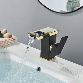 Torneira Para Banheiro Casacata LED Monocomando Meet Torneira Para Banheiro Casacata LED Monocomando Meet Artificio Lar Preto e Dourado Baixo 