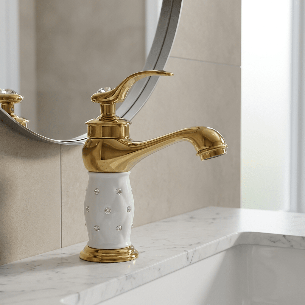 Torneira para Banheiro Monocomando Avelar Bathroom Suites Artificio Lar Dourado com Cerâmica Branca